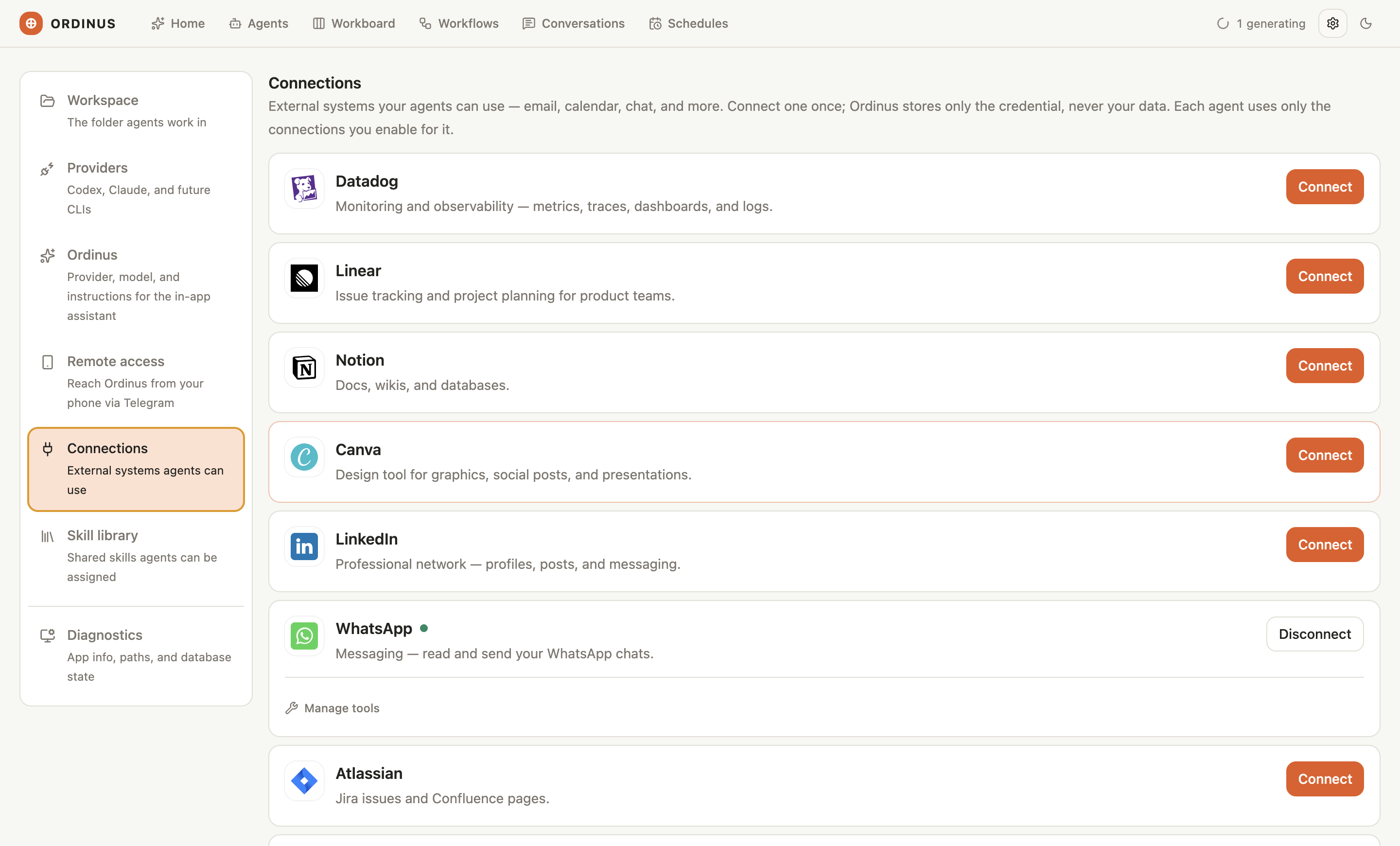The Ordinus connections screen — tools you can wire your team into