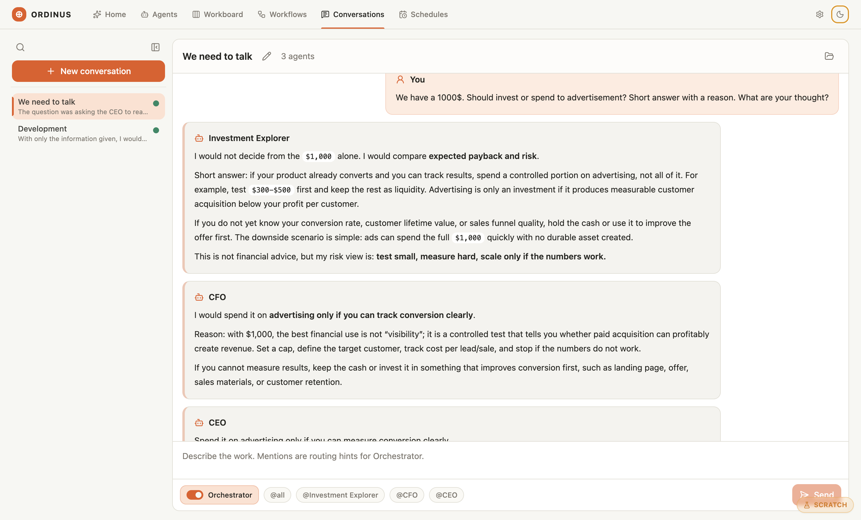 The Ordinus app showing several agents weighing in on one decision