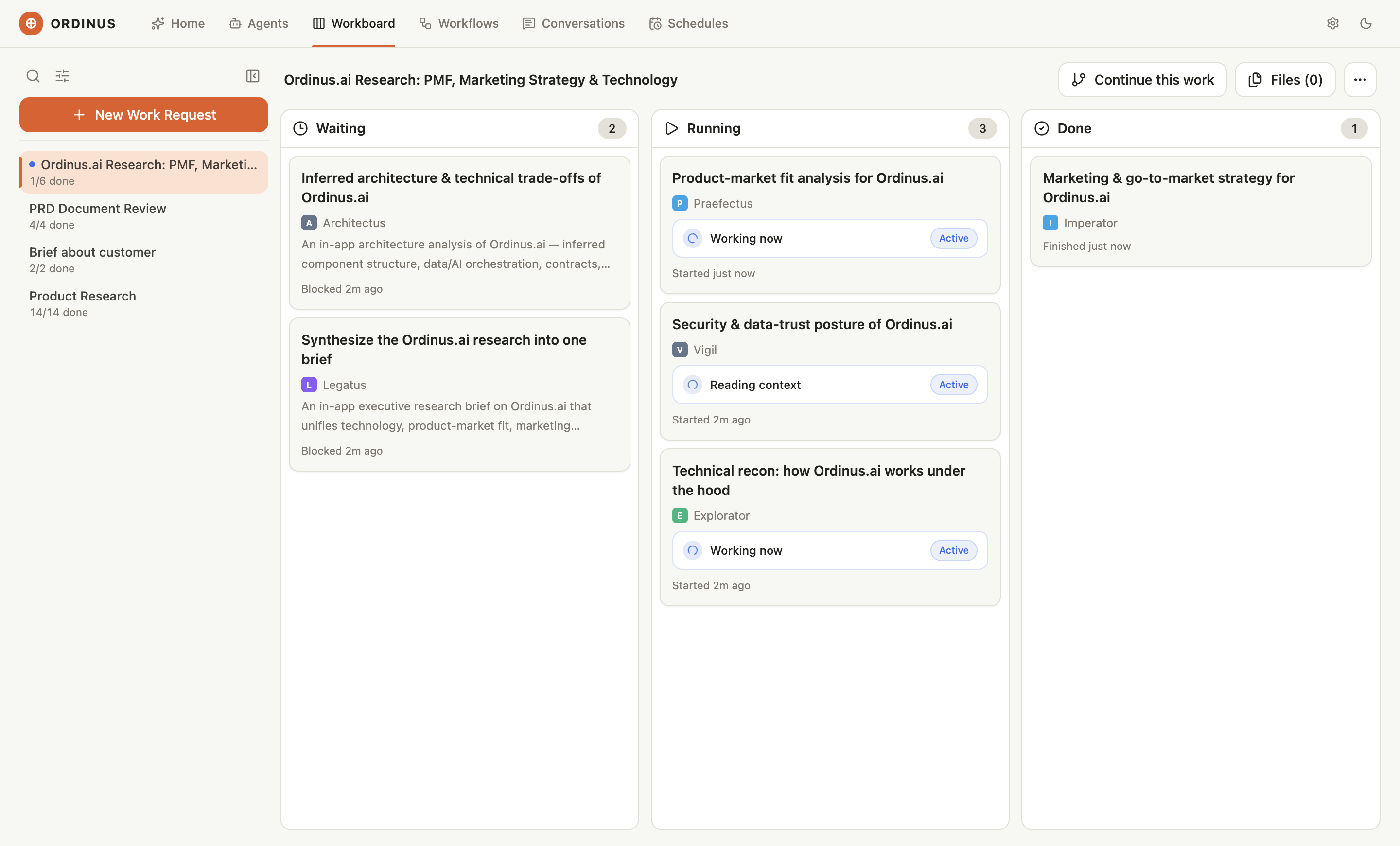 The Ordinus workboard with tasks moving from Waiting to Done